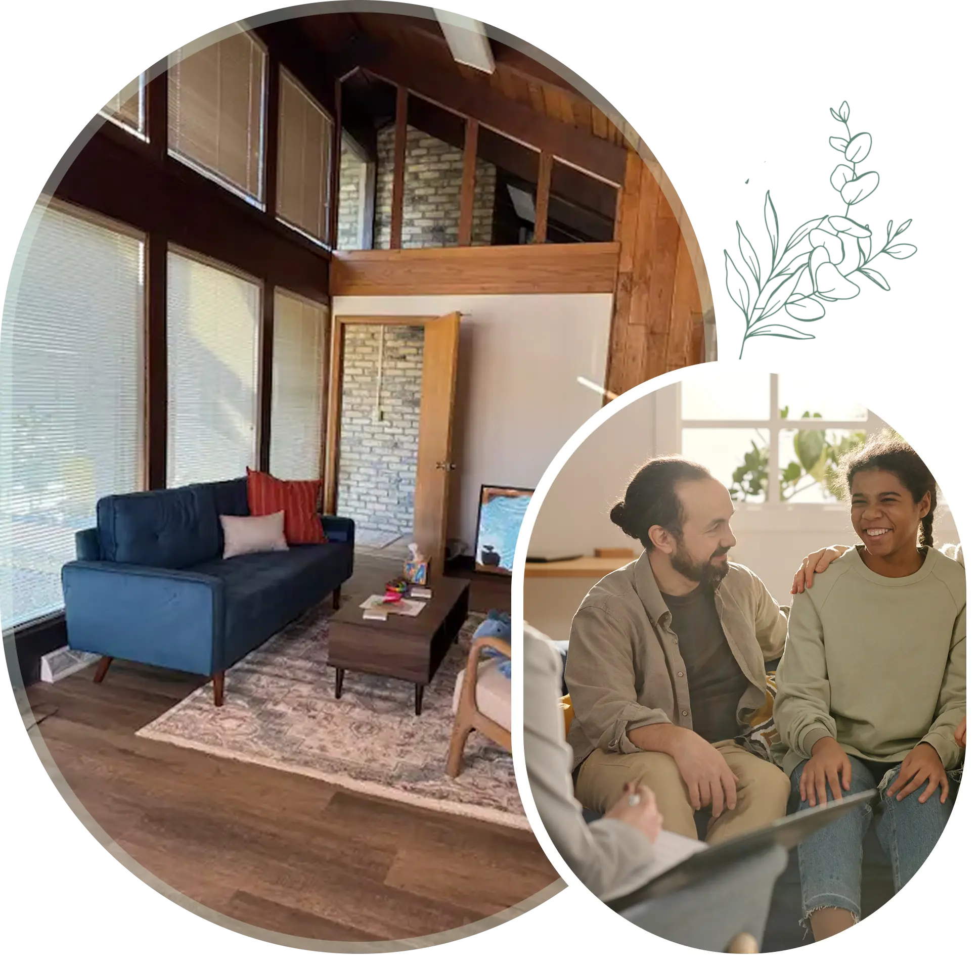 Living room interior and two people talking.