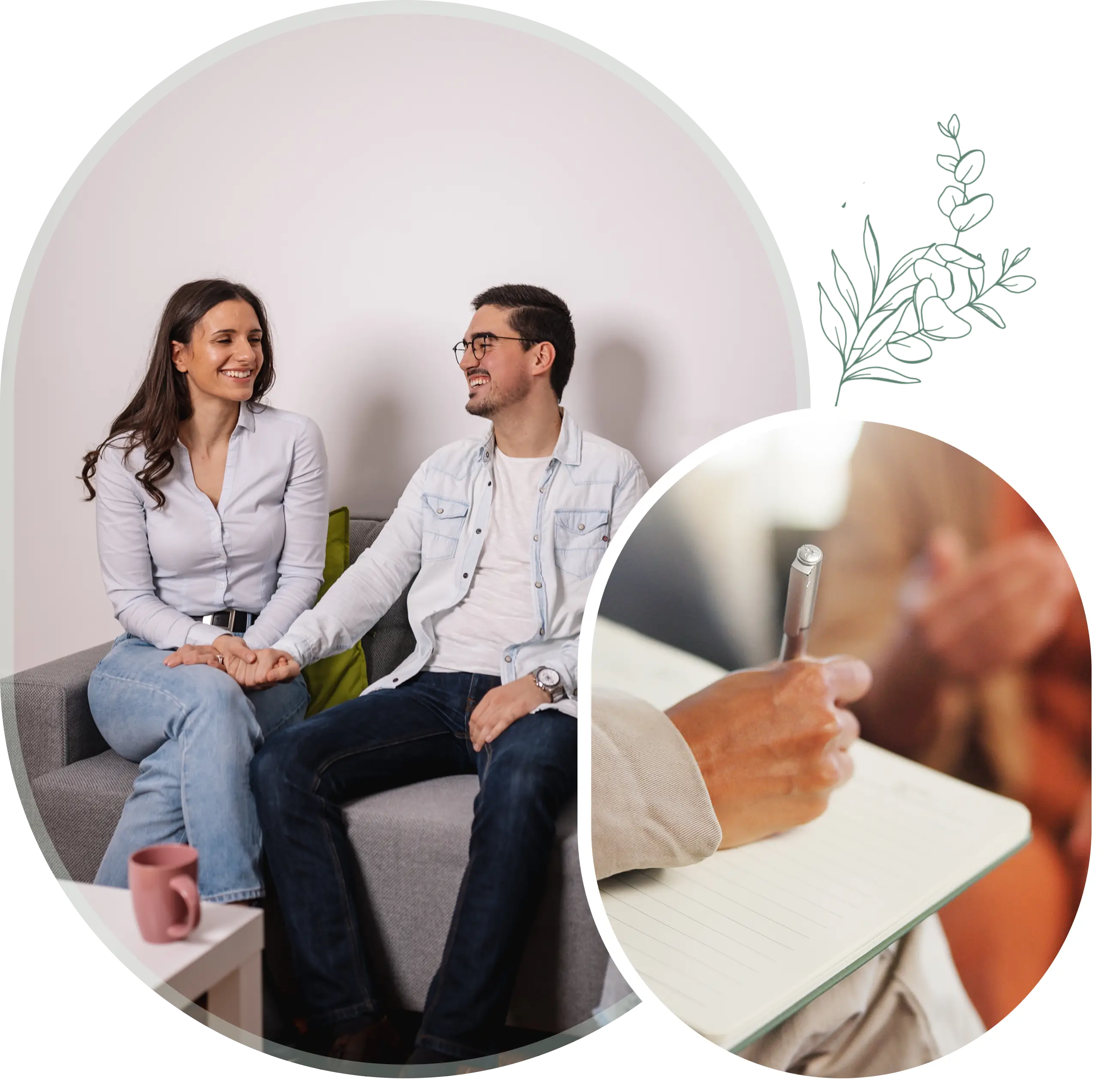 Couple talking with therapist taking notes.